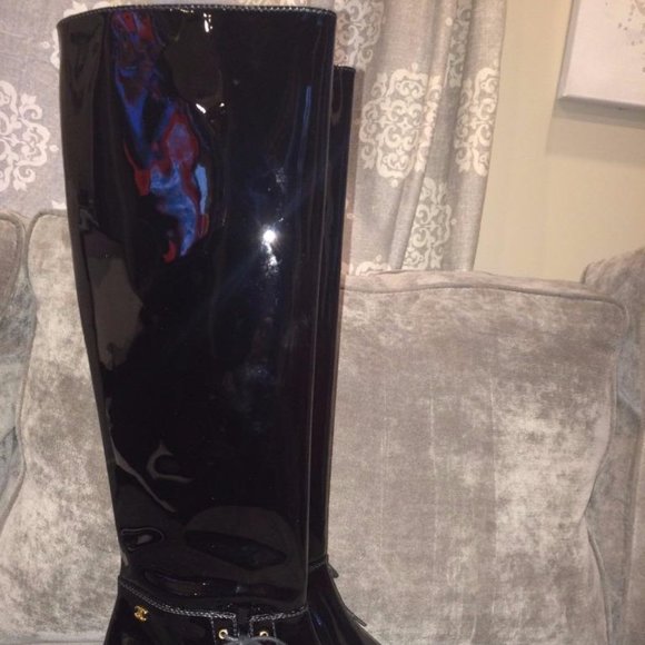 CHANEL 15A Patent Calf Leather Knee High Tall Lace Up Boots Shoes - Picture 10 of 16